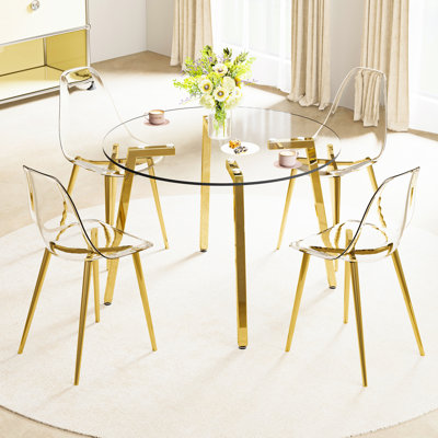 Table minimaliste moderne 42 po x 42 po x 29,5 po avec verre trempé transparent, pieds en métal doré, pour la cuisine, la salle à manger et le salon, table en verre facile à assembler, 42 po x 42 po x 29,5 po, décoration intérieure
