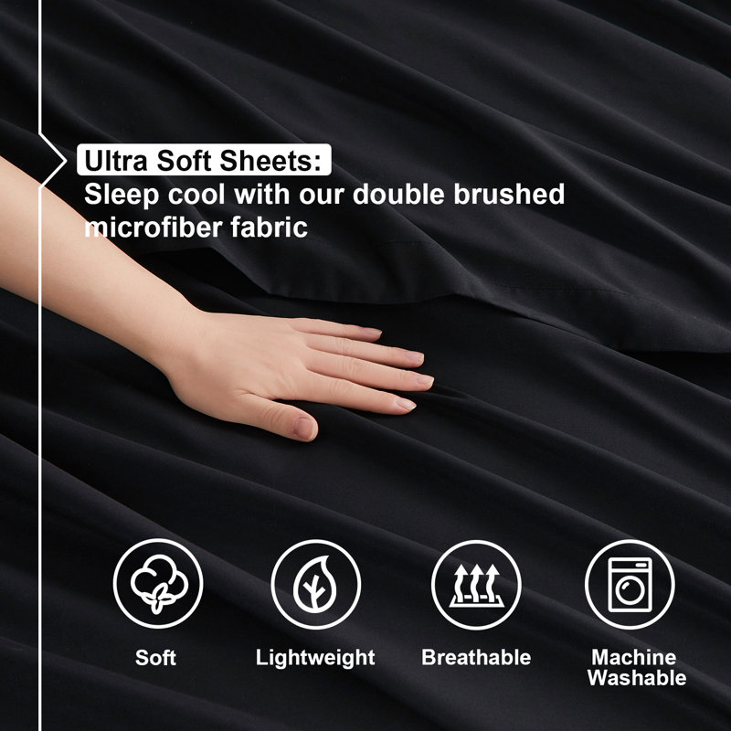  Ensemble de draps double brossé de luxe pour hôtel avec draps et taies d'oreiller très doux, Drap pour lit simple, Noir