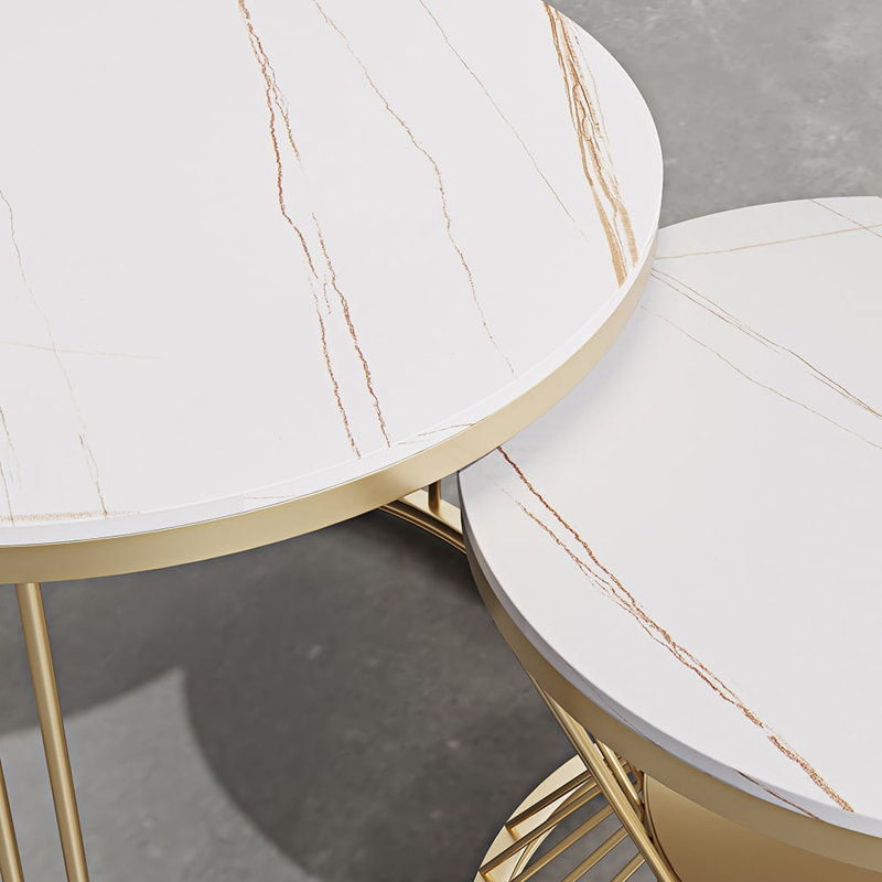 Round 2-Piece Nesting Set Sintered Stone Top White Coffee Table With Metal Frame