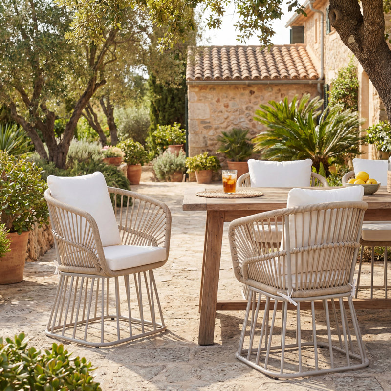 Chaise de salle à manger d'extérieur MP1 - Structure en acier tressé et beige, capacité de poids de 300 lb, coussin inclus