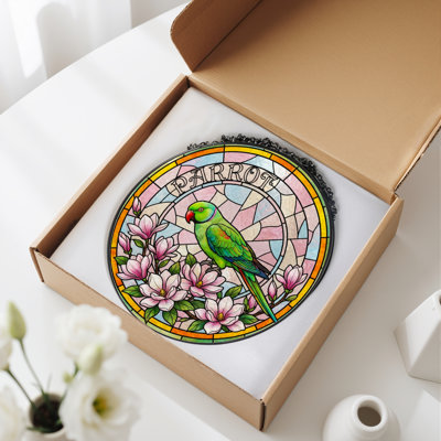 12"H Parrot Flowers Stained Glass Window Panel