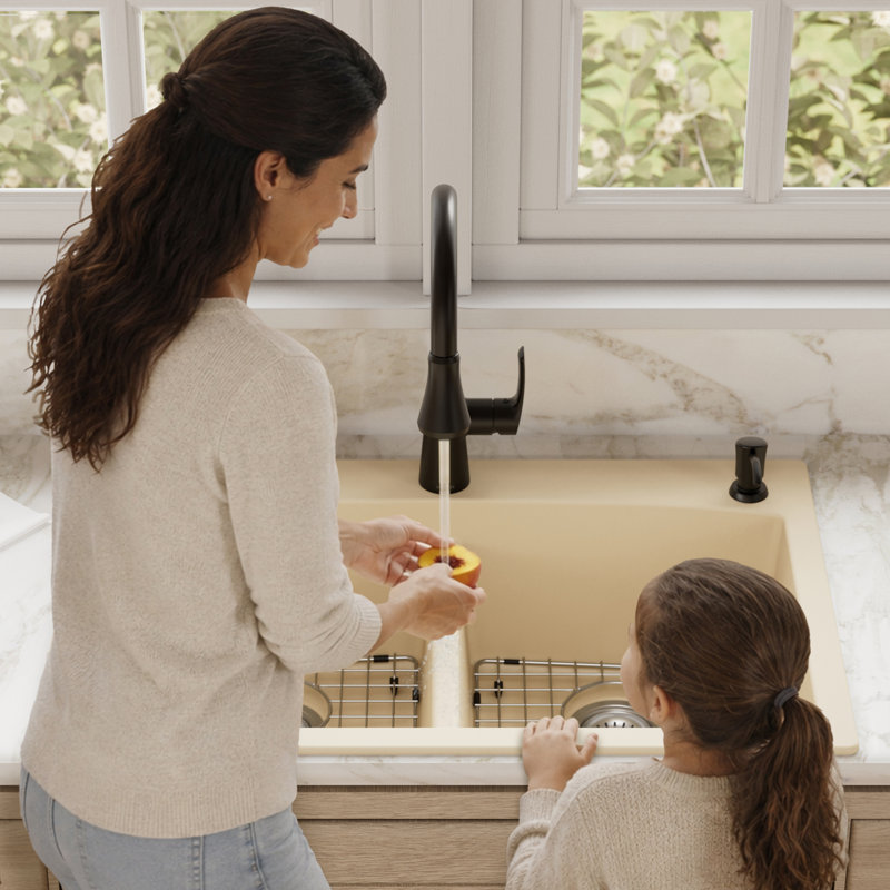 Karran Quartz 33'' X 22'' Double Bowl 50/50 Top Mount Drop-in Kitchen Sink Kit, Bisque