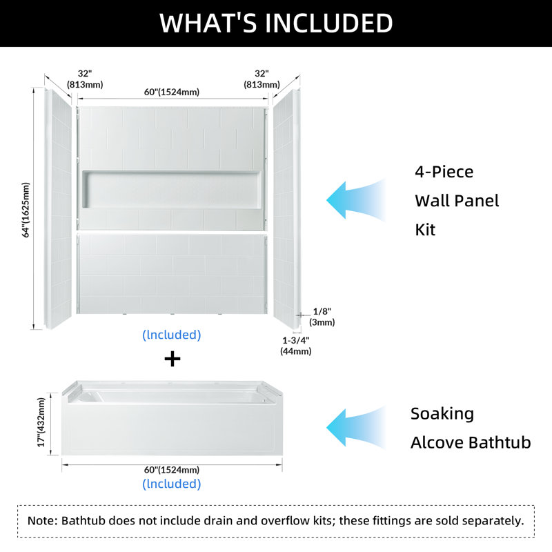60” x 32” Four-Piece Direct-to-Stud Alcove Tub Surround with Left/Right-Drain Soaking Bathtub Combo in White, Right