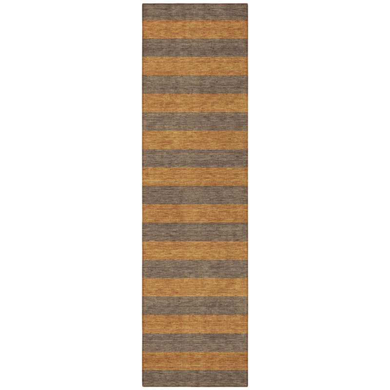 8' Runner Brown and Tan Striped Washable Non Skid Indoor Outdoor Runner Rug