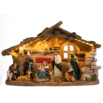 Lighted Christmas Nativity Scene Figurine Set, Resin Holy Family Manger Stable with Wise Men, Animals & Warm LED String Lights, Tabletop Religious Christmas Decor