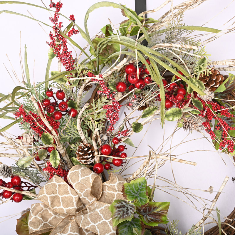 26'' Faux Winter Christmas Berry Pinecone Front Door Wreath