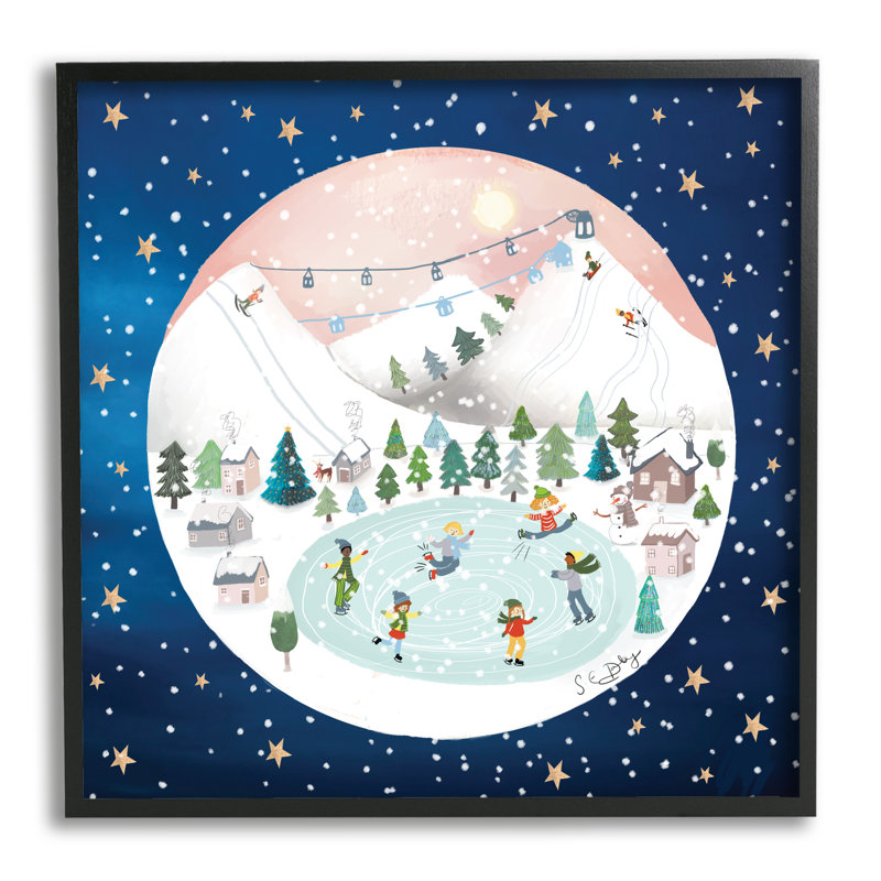 «Ice Skating Christmas Snow Scene» encadré sur bois par Lemon & Sugar, impression, Giclée encadrée noir minuit