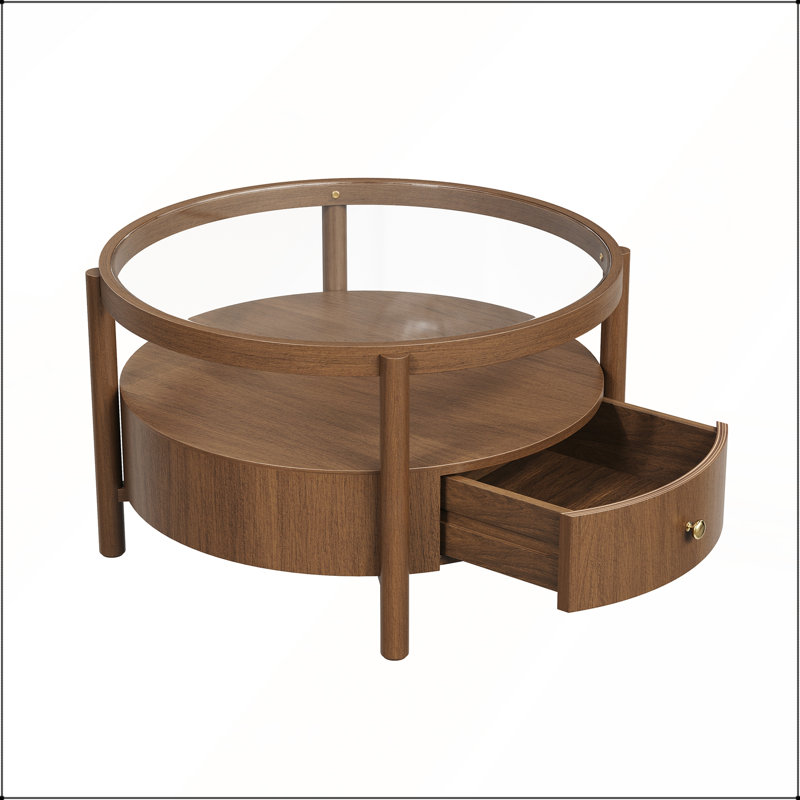 Table basse ronde en bois massif avec plateau de rangement en verre massif, table de centre circulaire moderne Mid-Century à 2 niveaux, table basse en bois de noyer pour le salon