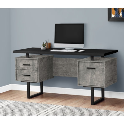 Contemporary 60 Inch Computer Desk With Storage, Reversible Left/Right Setup, Black And Grey Concrete Laminate, Ideal For Home Office And Laptop Work