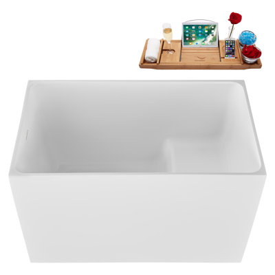 Baignoire autoportante en acrylique 47 ", plateau en bambou, drain Streamline