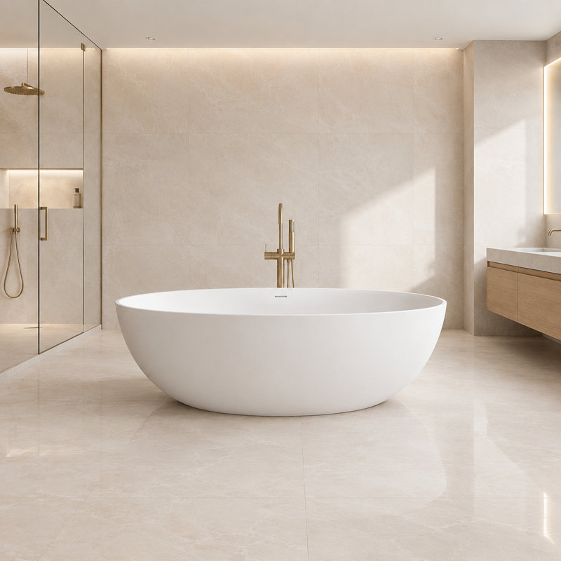 67'' Solid Surface Resin Stone Oval Freestanding Soaking Bathtub in Matte White
