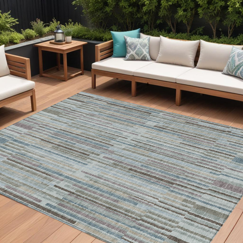 Tapis extérieur lavable rayé bleu sarcelle et brun 10 pi x 14 pi