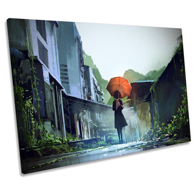 Umbrella Rain City Urban Framed - Wrapped Canvas Print