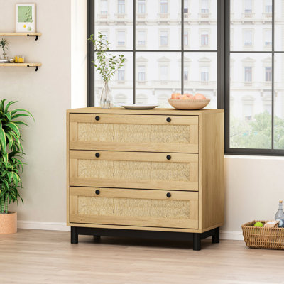 Oak 3 Dresser With Rope Woven Detail - Transform Your Bedroom Decor Drawer Storage Cabinet In Oak, 29.43" For Bedroom, Living Room, Dining Area, Corridor