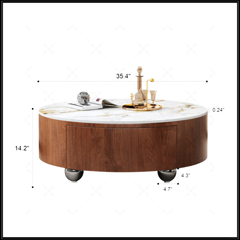 Table basse ronde en bois avec plateau en faux marbre