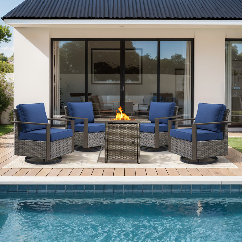 Drazen 4 - Person Patio Furniture Set With Fire Pit Table, All-Weather Wicker Outdoor Conversation Set With Chair And Thick Cushions