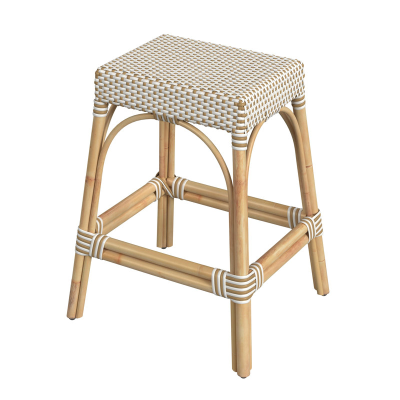 Tabouret de comptoir / de bar Lennart, Blanc / pois brun clair / cadre en rotin naturel