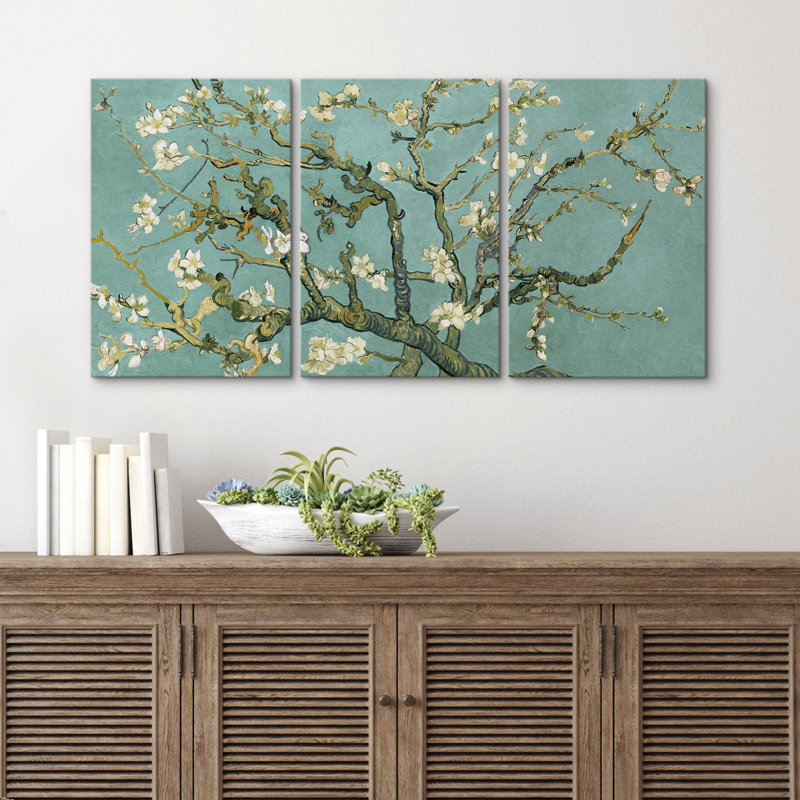 «Amandier en fleurs» par Vincent van Gogh, H 24 po x l 48 po x P 1,5 po, Toile tendue, Bleu sarcelle