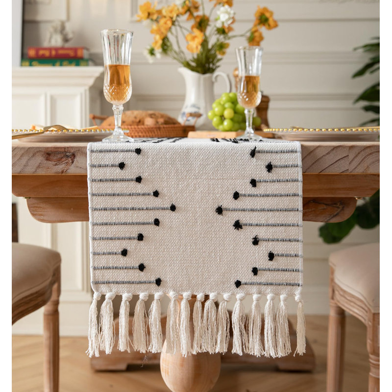 Natural Cotton Woven Table Runner with Tassels, 13 x 90 Inch