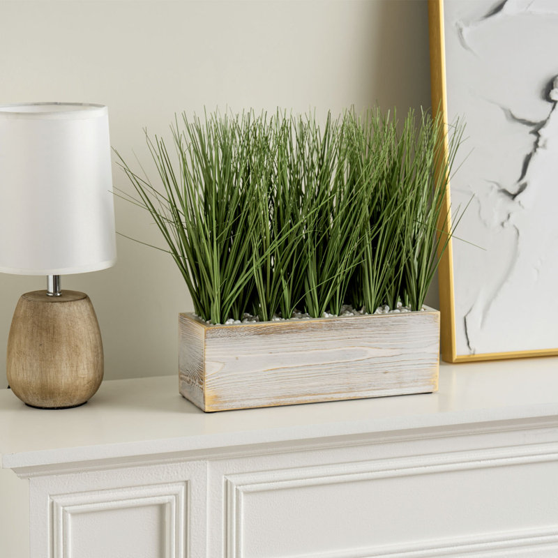 Faux Onion Grass Grass in Solid Wood Planter, 33.9 cm H x 30 cm W x 10 cm D, White