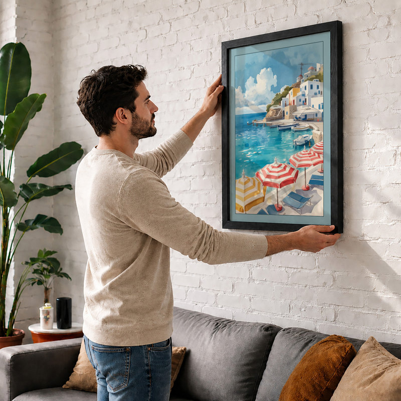 Mediterranean Beach Village Coastal - Framed Print, A3 - 42.0 x 29.7 cm, Oak