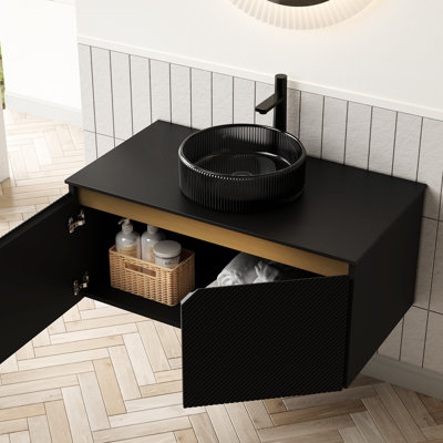 Meuble-lavabo de 36 po avec lavabo rond en verre noir transparent, rangement en contreplaqué, portes doubles en sergé, garniture en métal et plateau en pierre frittée double