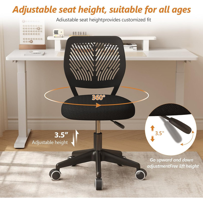 XUEGW - Ensemble de 2 chaises de bureau pivotantes à hauteur réglable et sans accoudoirs, noir, Black