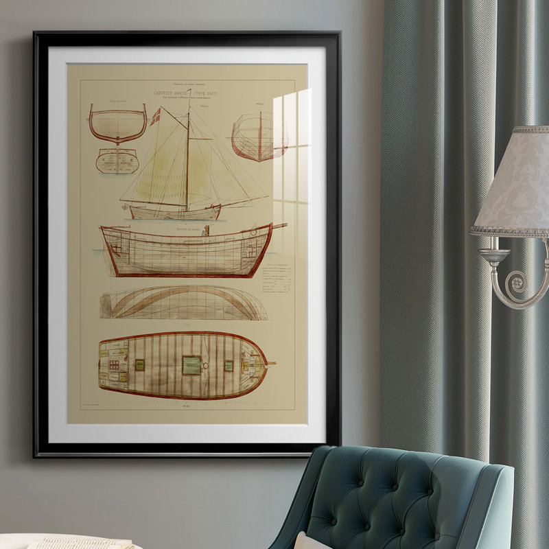 Antique Ship Plan III - Impression de cadre photo unique sur papier, H 42,5 po x l 30,5 po x P 1 po, Noir