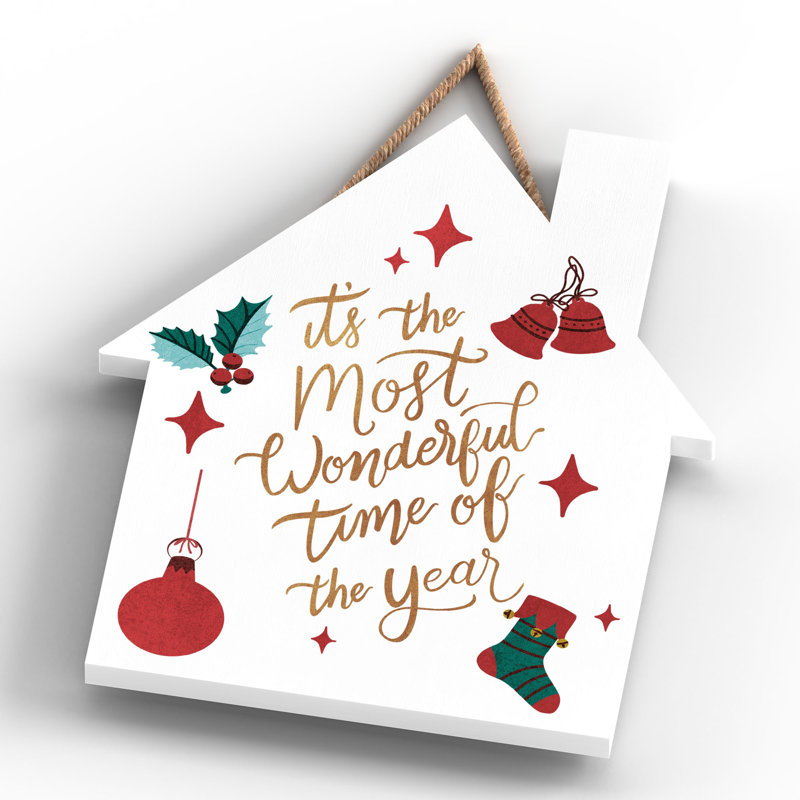 Xmas the Most Wonderful Time Wooden House Plaque, 18.5cm H x 16cm W x 0.9cm D