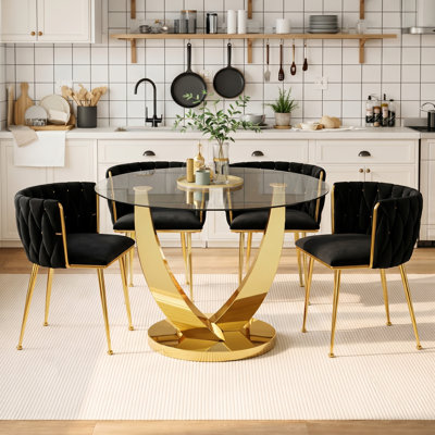 38.9" Round Glass Dining Table Set for 4, Modern Round Dining Table Set with 4 Velvet Chairs, 5 Pieces Clear Glass Dining Table set for Kitchen, Dining Room, Apartment