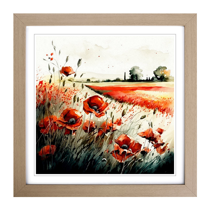 Poppy Field Watercolour - Framed Print, Oak