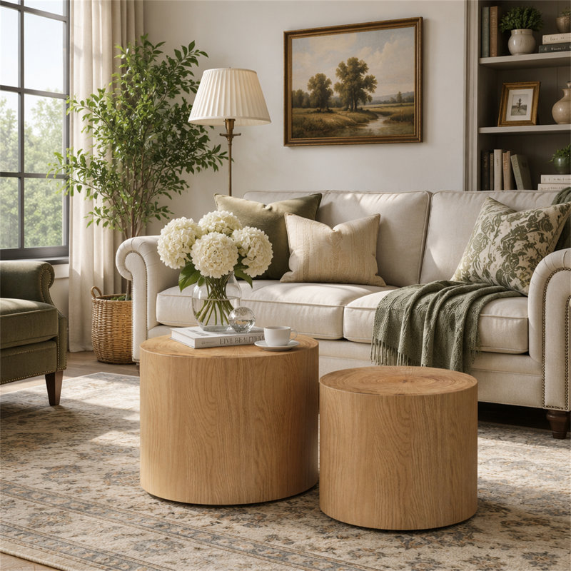 Ensemble de 2 tables basses gigognes, H 14,96 po x l 18,9 po x P 18,9 po, Bois naturel