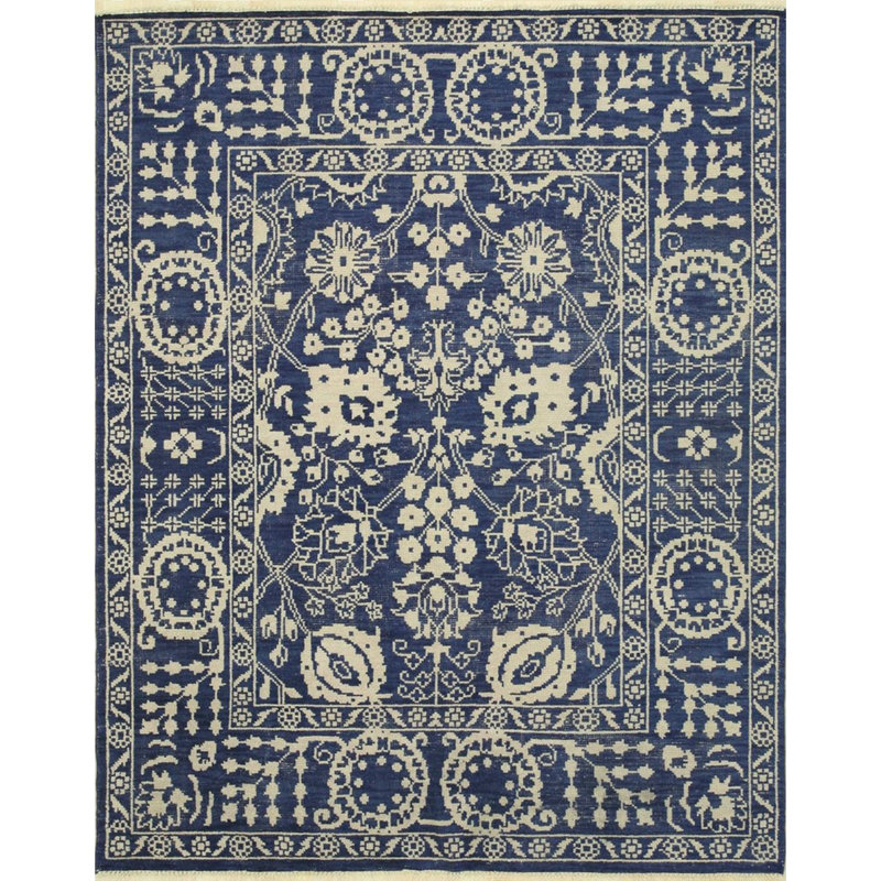 Tapis oriental traditionnel en laine noué à la main bleu Williams Williamsbridge Freya, Rectangle 6 pi x 9 pi