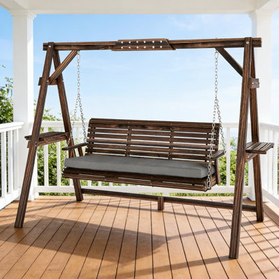Garden Swing - Fauteuil de conversation d'extérieur en bois avec siège ergonomique, coussin amovible, tablettes latérales intégrées et système de chaîne réglable. La structure en bois de sapin résiste à l'usure