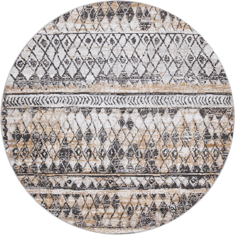 Tapis géométrique beige / bleu, Rond 6 pi 1 po