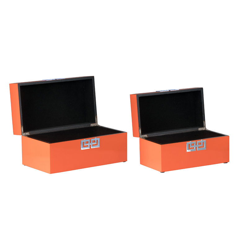 Ensemble de 2 boîtes de rangement décoratives en bois, finition laquée orange avec fermoirs géométriques argentés, Orange