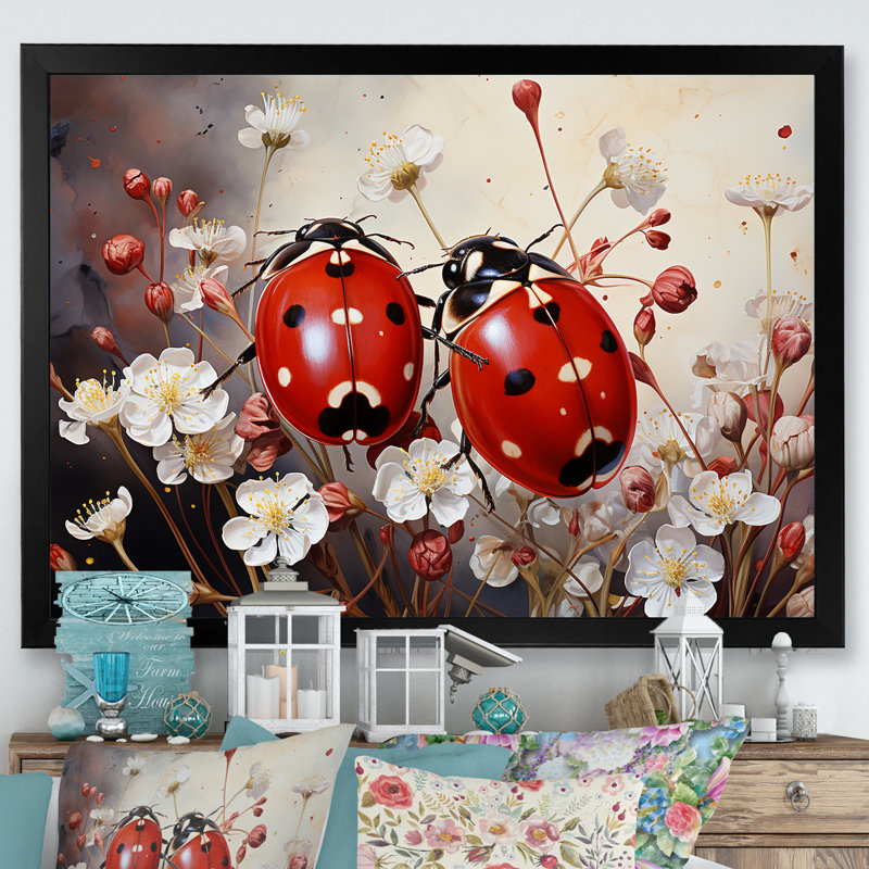 Sérénade florale à pois et coccinelle, Cadre simple noir, H 12 po x l 20 po x P 1 po