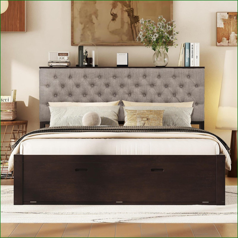 Grand lit plateforme en bois de pin avec tête de lit avec rangement et 4 tiroirs Range-chaussures - aucun sommier nécessaire, espresso pour les chambres à coucher