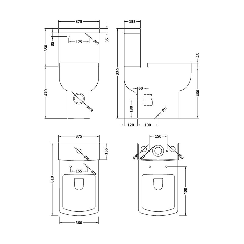 Nuie Ava 12L LPF Elongated Chair Height Floor Mounted Close Coupled Toilets (Seat Included)