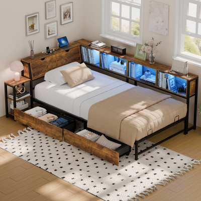 Corner Bed Frame With Drawers, Bookcase & Bedside Rack, Twin Daybed With Led Lights And Charging Station
