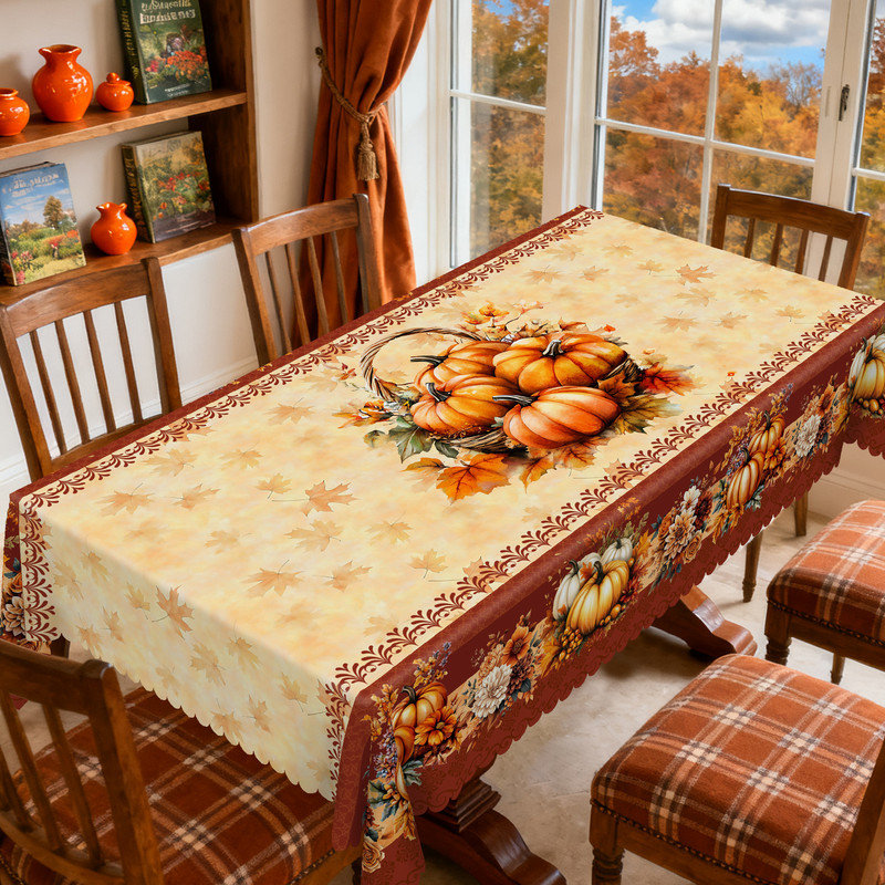 Golden Pumpkin Design Machine-Washable Polyester Tablecloth, 70.8" L x 55.12" W