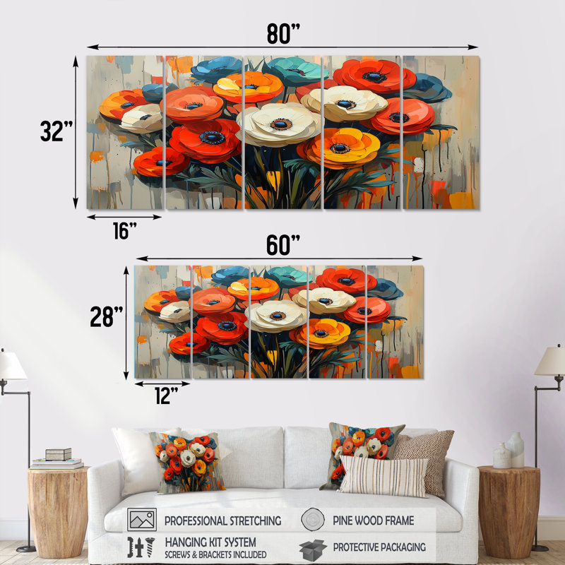 «Vibrant Garden of Ranunculus Flowers» - art mural - ensemble de décoration artistique, H 28 po x l 60 po