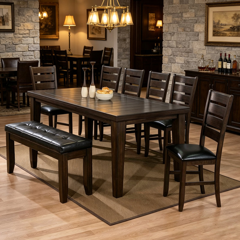 Table de salle à manger de style transitionnel urbain de 122 cm (48 po) – Teinte noyer riche avec placage en bois massif, plateau à motif circulaire en creux et pieds carrés – Capacité de 8 couverts, table polyvalente autoportante
