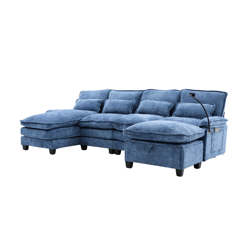 Canapé-lit modulaire en chenille à 4 places en U avec méridienne pour le salon 106 po. Canapé modulaire en nuage, chenille douce et respirante, structure en contreplaqué, ports de type C, rangement pour repose-pieds amovible,