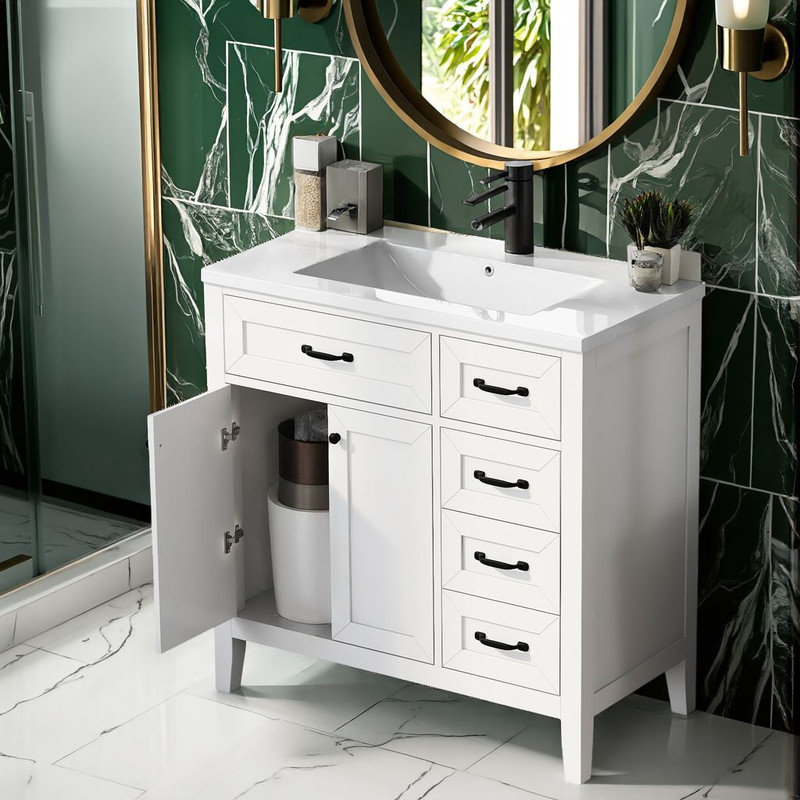 Meuble-lavabo 36 po avec lavabo en céramique - poignées argentées, 3 tiroirs, structure en bois massif, Blanc
