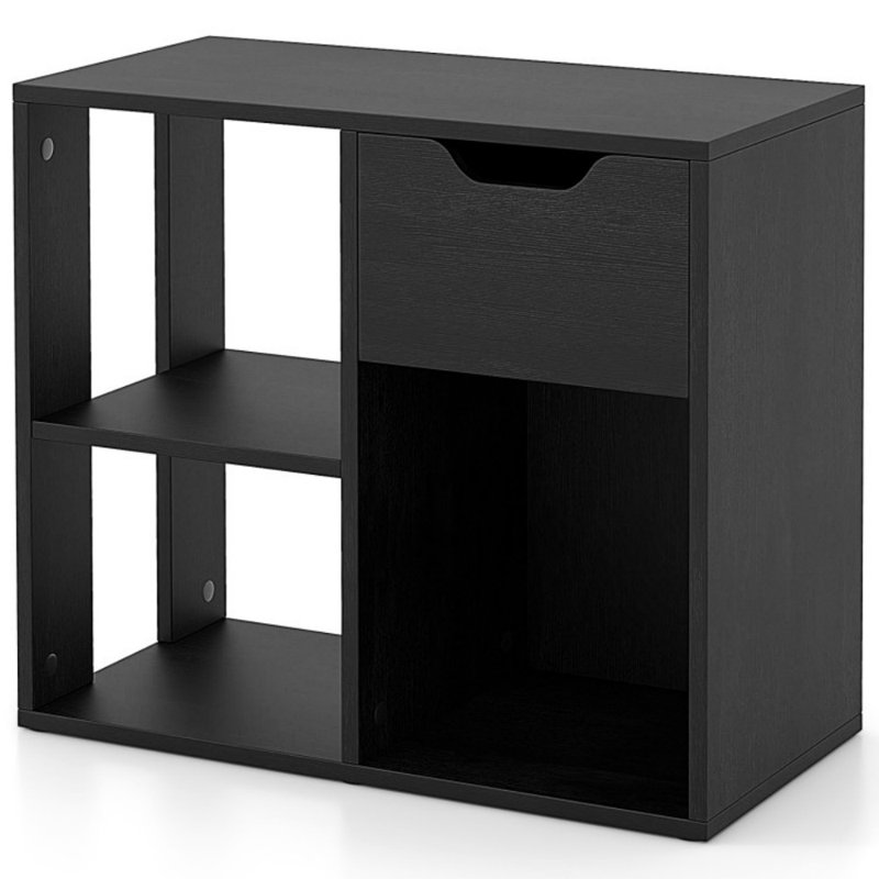 3-Cube Bookcase 2-tier Wooden Storage Shelf with Pull-out Drawer, Black