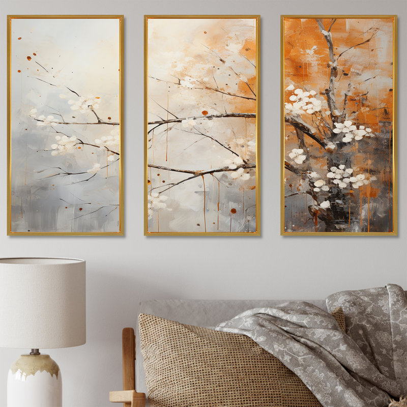 «Winter Tree Minimal Landscape I - Snow», art mural sur toile, Cadre flottant doré, H 40 po x l 60 po x P 1 po