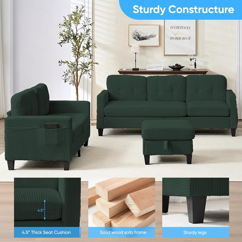 Ensemble de canapé modulaire 3 + 2 places avec repose-pieds de rangement, Vert