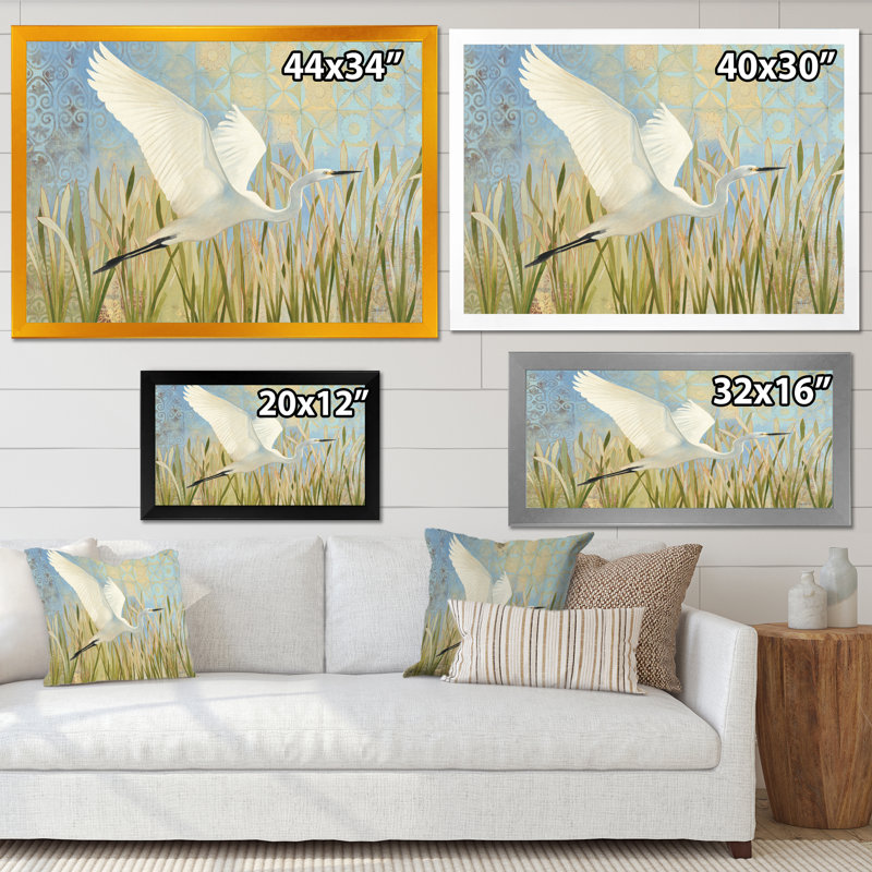 «Snowy Egret in Flight VII», reproduction d'art sur toile, H 20 po x l 20 po x P 1 po, Cadre doré