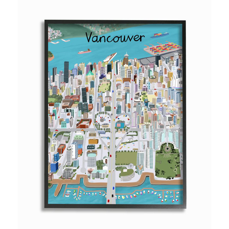 «Colorful Vancouver Canada Landmark Seaport Cityscape» par Carla Daly - impression d'art graphique, Cadre noir